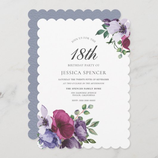 パープルピンクの花ガールズ18th誕生日パーティー 招待状 (正面/裏面)