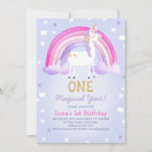 パープルピンクの魔法の年ユニコーンの最初の誕生日 招待状 (正面)