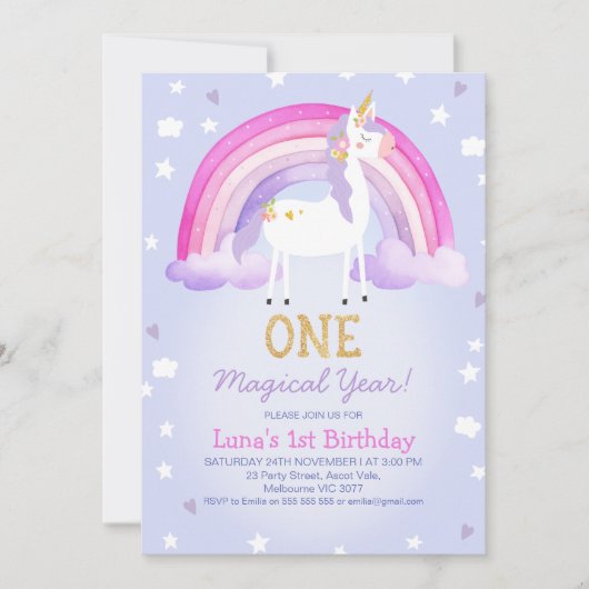 パープルピンクの魔法の年ユニコーンの最初の誕生日 招待状 (正面)