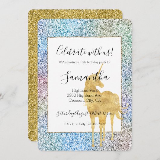 パープルピンクアクア金ゴールドユニコーングリッター 招待状 (正面/裏面)
