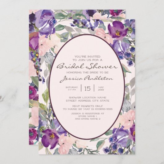 パープルピンクウォーターカラーガーデンフローラブライダルシャワー 招待状 (正面/裏面)