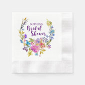 パープルピンクウォーターカラーフローラリースブライダルシャワー 縁ありカクテルナプキン (正面)