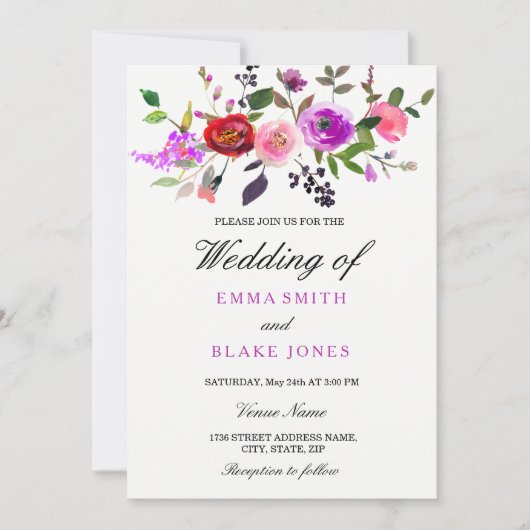 パープルピンクウォーターカラーフローラ結婚式招待状 招待状 (正面)