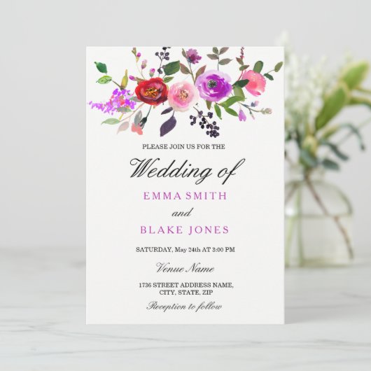 パープルピンクウォーターカラーフローラ結婚式招待状 招待状 (スタンド正面)