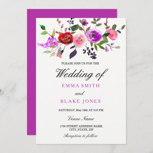 パープルピンクウォーターカラーフローラ結婚式招待状 招待状 (正面/裏面)