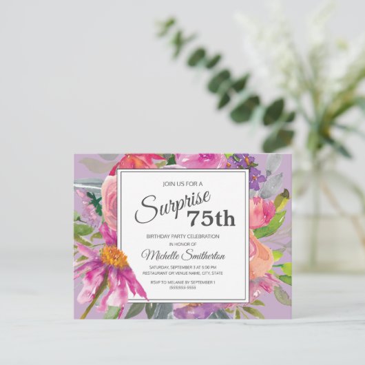 パープルピンクウォーターカラーフローラ75誕生日 ポストカード (スタンド正面)