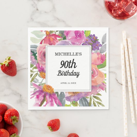 パープルピンクウォーターカラーフローラ90誕生日 スタンダードランチョンナプキン (インサイチュ)