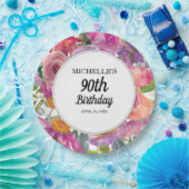 パープルピンクウォーターカラーフローラ90誕生日 ペーパープレート (パーティー)