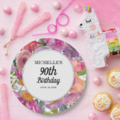 パープルピンクウォーターカラーフローラ90誕生日 ペーパープレート (パーティー)