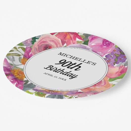 パープルピンクウォーターカラーフローラ90誕生日 ペーパープレート (アングル)