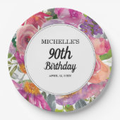 パープルピンクウォーターカラーフローラ90誕生日 ペーパープレート (正面)