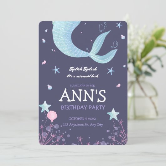 パープルピンクウォーターカラーマーメイド子供の誕生日 招待状 (スタンド正面)