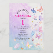 パープルピンクエレガントフローラバタフライ誕生日 招待状 (正面/裏面)