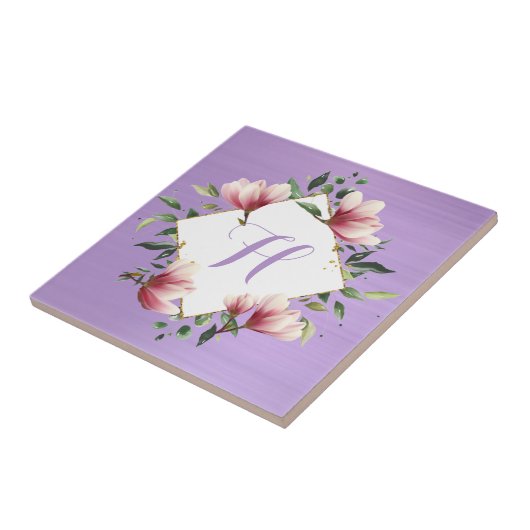 パープルピンクエレガントフローラフラワーモノグラムイニシャル タイル (側面)