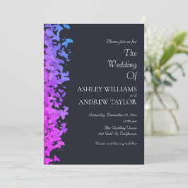 パープルピンクエレガントブルーリーフダーク結婚ネイビー 招待状
