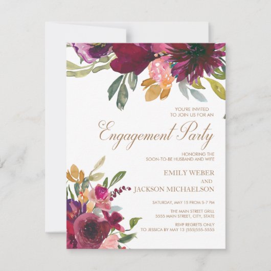 パープルピンクエレガント金ゴールドフローラスクリプト婚約 招待状 (正面)