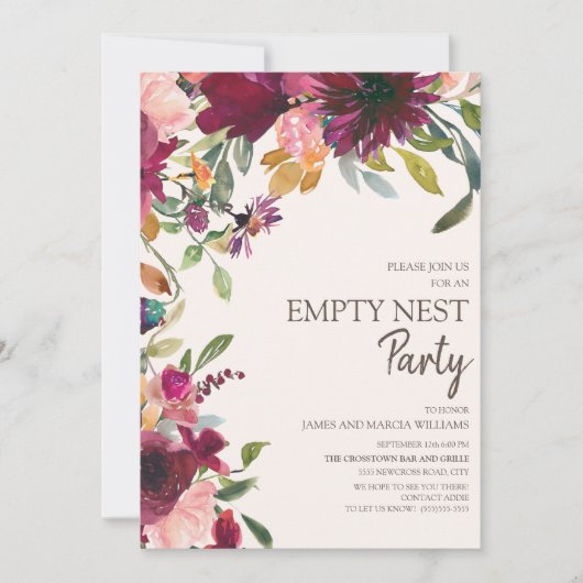 パープルピンクエレガント金ゴールドフローラ空のネストパーティー 招待状 (正面)