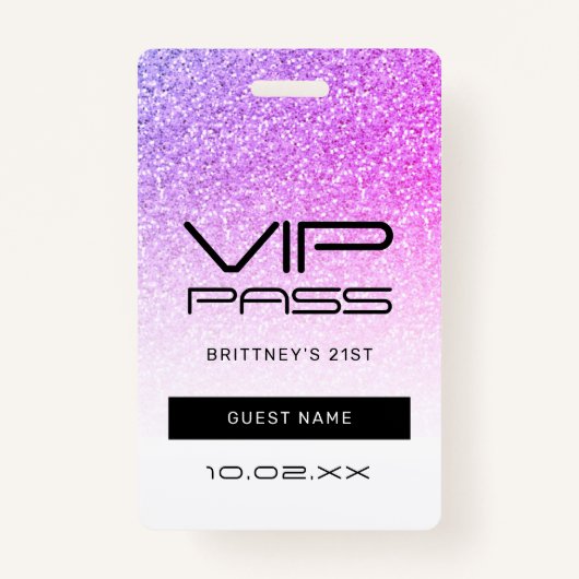 パープルピンクグラデーショングリッターVIPパスパーティー招待状 バッジ (正面)