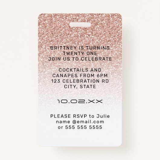 パープルピンクグラデーショングリッターVIPパスパーティー招待状 バッジ (裏面)