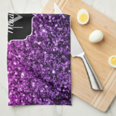 パープルピンクグラデーションフェイクグリッタースパークルスモノグラム キッチンタオル (四つ折り)