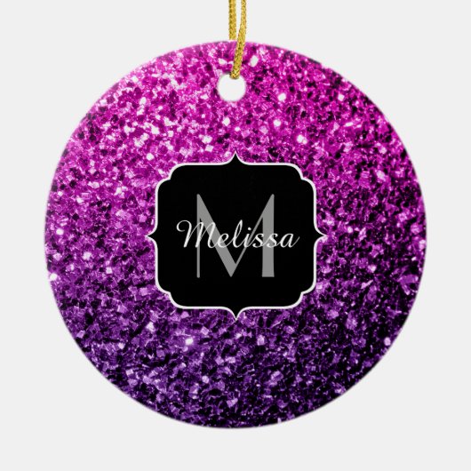 パープルピンクグラデーションフェイクグリッタースパークルスモノグラム セラミックオーナメント (正面)