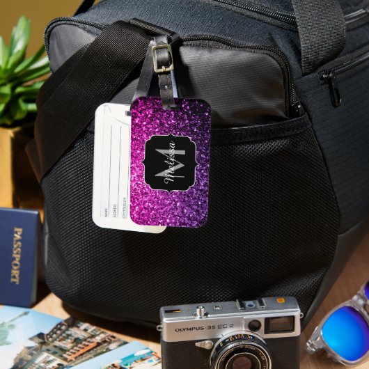 パープルピンクグラデーションフェイクグリッタースパークルスモノグラム ラゲッジタグ (正面&裏面)