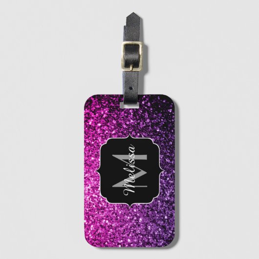 パープルピンクグラデーションフェイクグリッタースパークルスモノグラム ラゲッジタグ (正面縦)