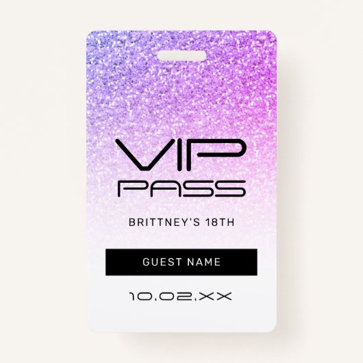 パープルピンクグリッターグラムVIPパス18招待状 バッジ (正面)