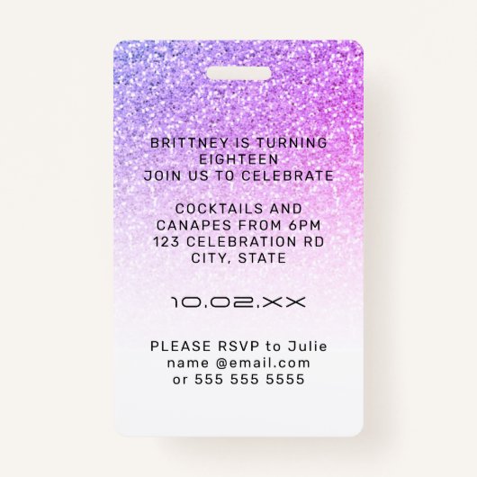 パープルピンクグリッターグラムVIPパス18招待状 バッジ (裏面)