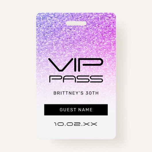 パープルピンクグリッターグラムVIPパス30招待状 バッジ (正面)
