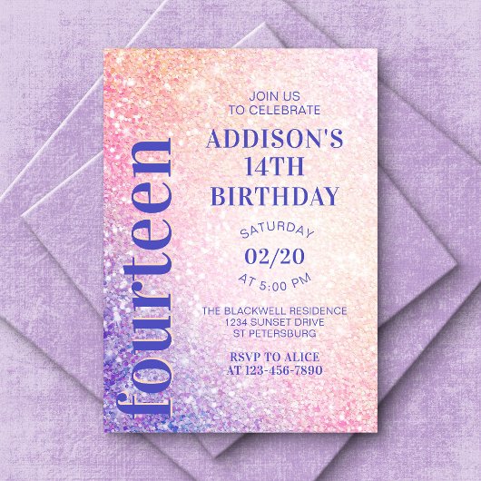 パープルピンクグリッター誕生日 招待状