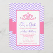 パープルピンクシェブロンプリンセスクラウンベビーシャワー 招待状 (正面/裏面)