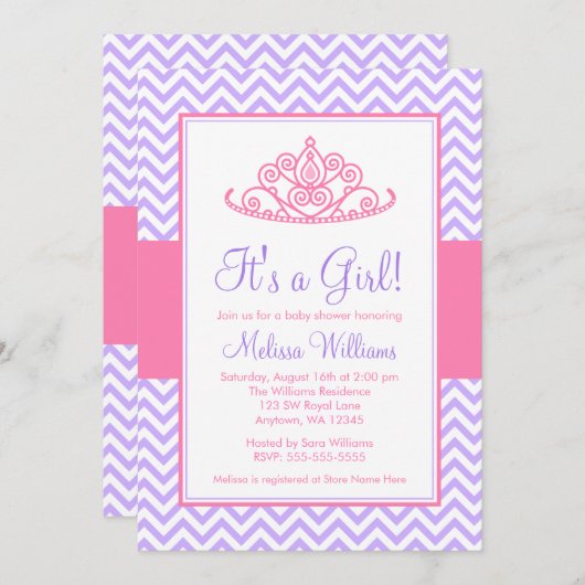 パープルピンクシェブロンプリンセスクラウンベビーシャワー 招待状 (正面/裏面)