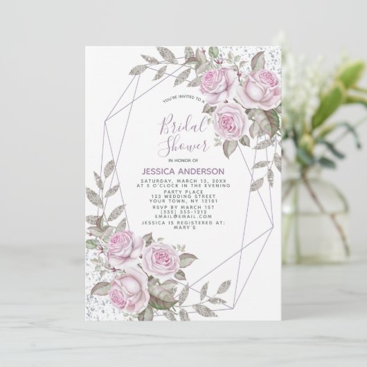 パープルピンクシルバーグリッター幾何学的ブライダルシャワー 招待状 (スタンド正面)