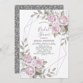 パープルピンクシルバーグリッター幾何学的ブライダルシャワー 招待状 (正面/裏面)