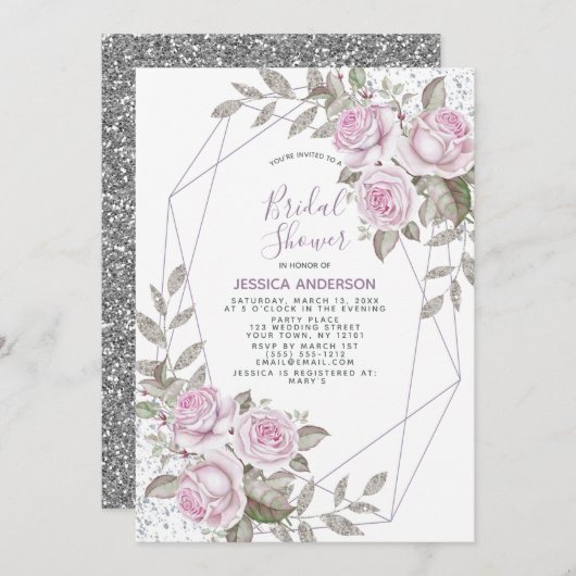 パープルピンクシルバーグリッター幾何学的ブライダルシャワー 招待状 (正面/裏面)