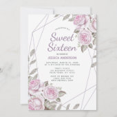 パープルピンクシルバーグリッター幾何学的Sweet sixteen 招待状 (正面)