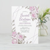 パープルピンクシルバーグリッター幾何学的Sweet sixteen 招待状 (スタンド正面)