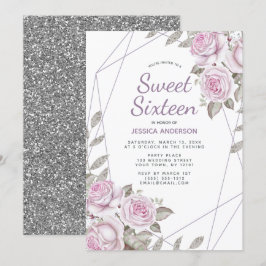 パープルピンクシルバーグリッター幾何学的Sweet sixteen 招待状