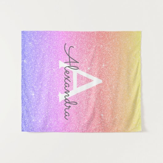 パープルピンクスパークルグリッターモノグラムタペストリー タペストリー (正面(横))