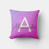 パープルピンクスパークルグリッターモノグラム名 クッション (正面)