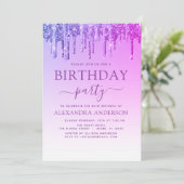 パープルピンクスパークルグリッター任意の年齢誕生日 招待状 (スタンド正面)