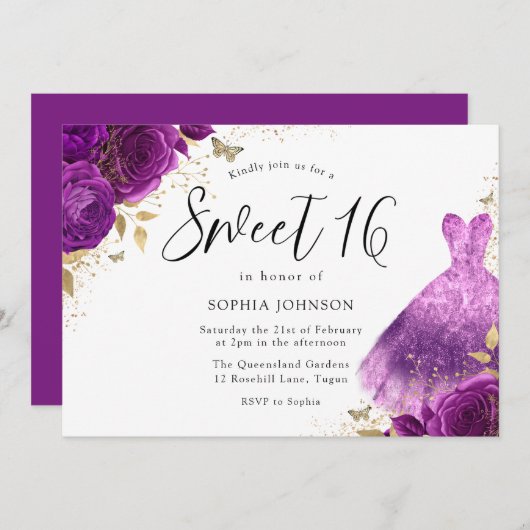 パープルピンクスパークルドレスバラスウィート16パーティー 招待状 (正面/裏面)