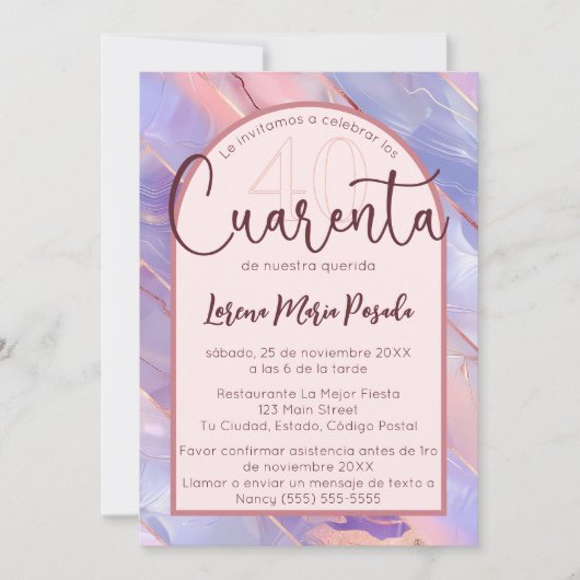 パープルピンクスペインのアゲート40歳の誕生日 招待状 (正面)
