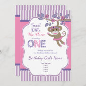 パープルピンクソックモンキー誕生日招待状 招待状 (正面/裏面)