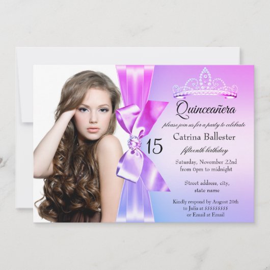 パープルピンクダイヤモンドボウティアラキンセアニェラ招待状 招待状 (正面)