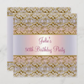 パープルピンクダマスク女性50th誕生日パーティー 招待状 (正面/裏面)