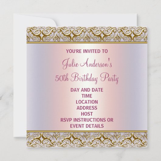 パープルピンクダマスク女性50th誕生日パーティー 招待状 (裏面)