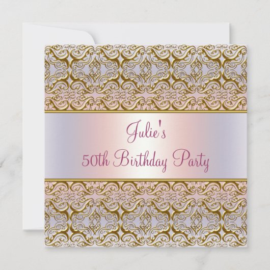 パープルピンクダマスク女性50th誕生日パーティー 招待状 (正面)