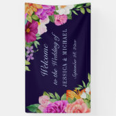 パープルピンクダークブルーはっきりしたフローラ結婚ズ・ウェルカム 横断幕 (縦)